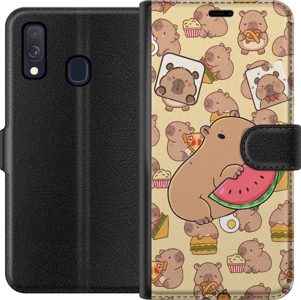 Kompatibelt Plånboksfodral till Samsung Galaxy A40 Capybara Snack Tid Söta capybaror njuter av vattenmelon pizza och popcorn i en varm och lekfull de