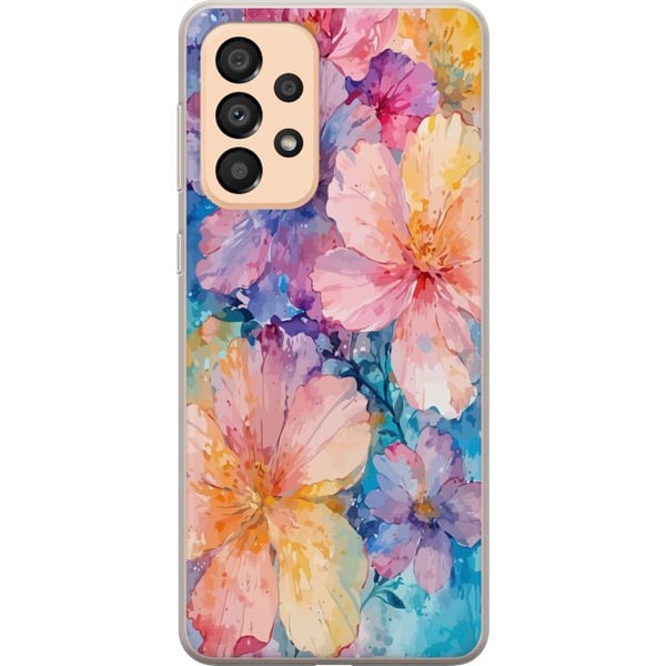 Yhteensopiva Puhelinkuori Samsung Galaxy A33 5G Akvellimaalaus, jossa on suuria kukkia vaaleanpunaisen, sinisen ja keltaisen sävyissä pehmeässä, tait