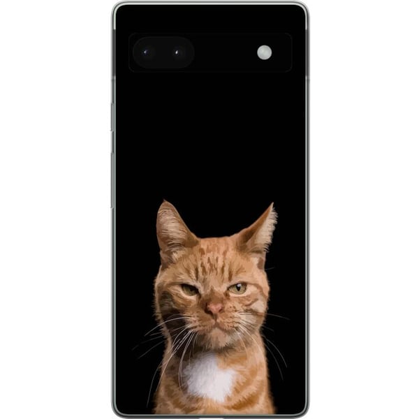 Yhteensopiva Puhelinkuori Google Pixel 6a Lähikuva oranssista kissasta mustaa taustaa vasten, voimakas kontrasti ja ilmeikäs katse