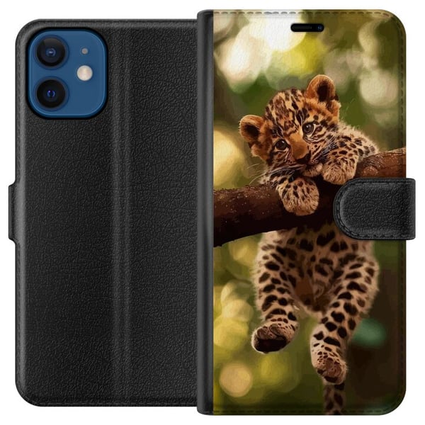Kompatibel Tegnebogsetui til Apple iPhone 12 mini Leopardunge på gren med store øjne naturinspireret junglemotiv detaljerigt og charmerende i varm bl