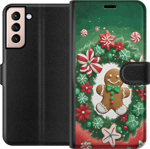 Kompatibelt Plånboksfodral till Samsung Galaxy S21 Gingerbread Wreath julmotiv med krans pepparkaka och klassisk grönröd färgton