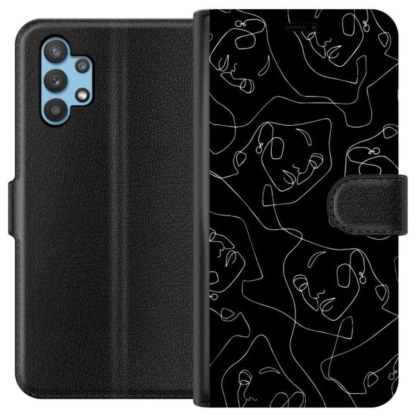 Kompatibelt Plånboksfodral till Samsung Galaxy A32 5G Abstrakta ansikten linjekonst i vitt på mörk bakgrund modern minimalistisk stil för konstälskar