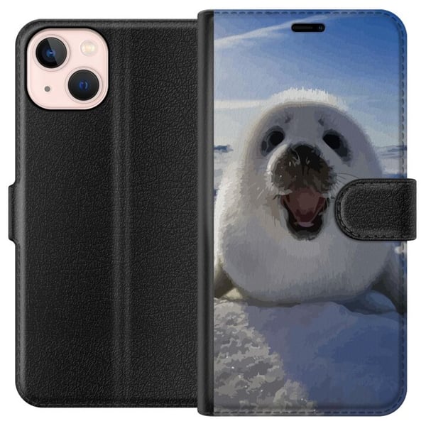 Kompatibel Tegnebogsetui til Apple iPhone 13 mini Sælunge i sneen med stort smil og blød, rund form, sødt vintermotiv med arktisk stemning, perfekt t