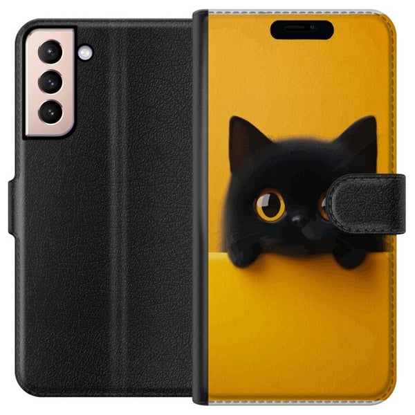 Kompatibel Tegnebogsetui til Samsung Galaxy S21 Sort kat, der kigger op over kanten – ren og trendy illustration med et legende udtryk og store øjne