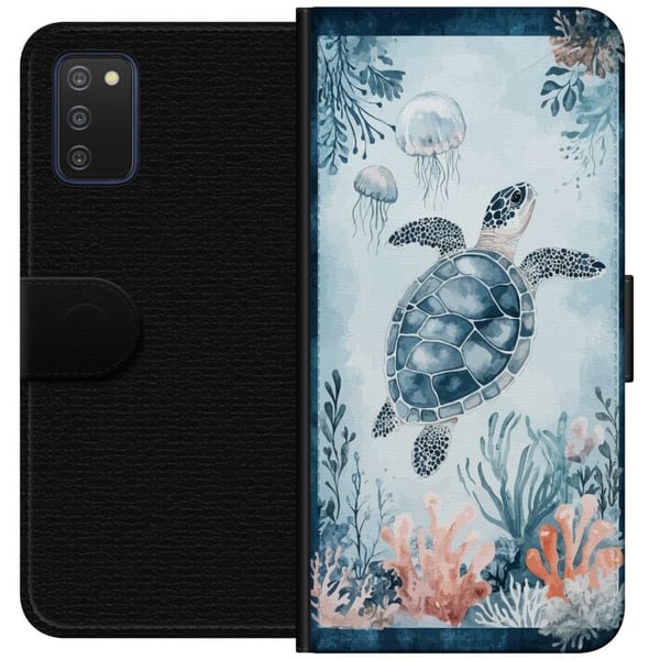 Kompatibelt Lommeboketui til Samsung Galaxy A03s Akvarellskilpadde i et rolig blått hav blant koraller og svevende maneter