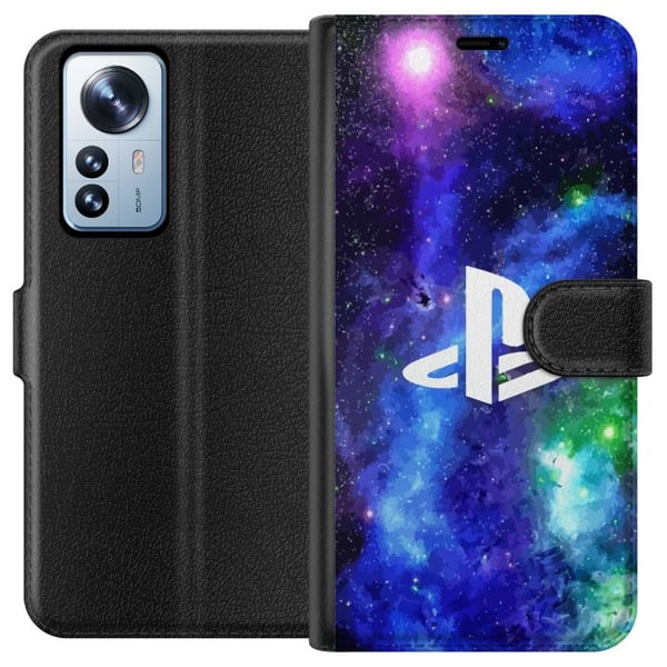 Kompatibelt Lommeboketui til Xiaomi 12 Pro PlayStation-logo mot galaksebakgrunn kosmisk gamingdesign for gamere og konsollfans