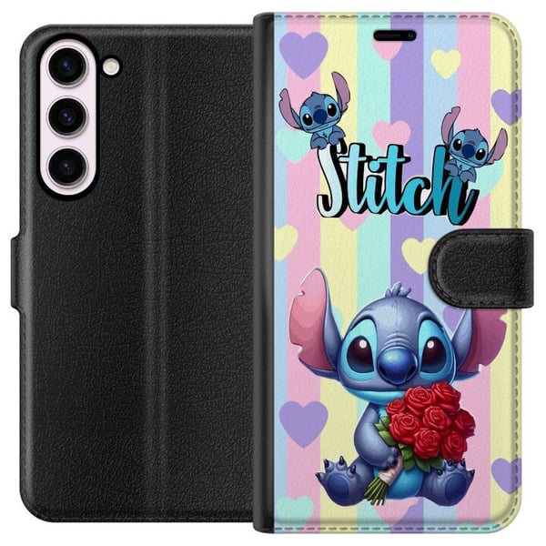 Kompatibelt Lommeboketui til Samsung Galaxy S23+ Stitch med roser i romantisk tegneseriestil mot stripete bakgrunn Kompatibelt Lommeboketui til Samsung Galaxy S23+ Stitch med roser i romantisk tegneseriestil mot stripete bakgrunn