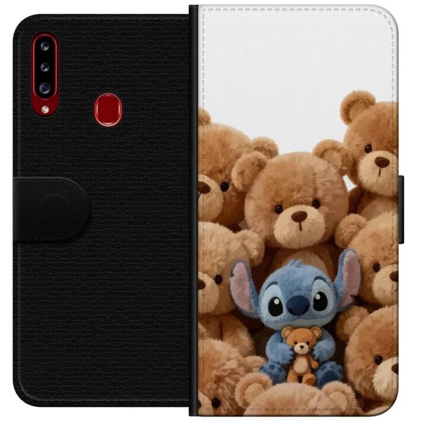 Kompatibelt Plånboksfodral till Samsung Galaxy A20s Söt och trygg illustration med fantasikaraktär omgiven av nallebjörnar i varm stil