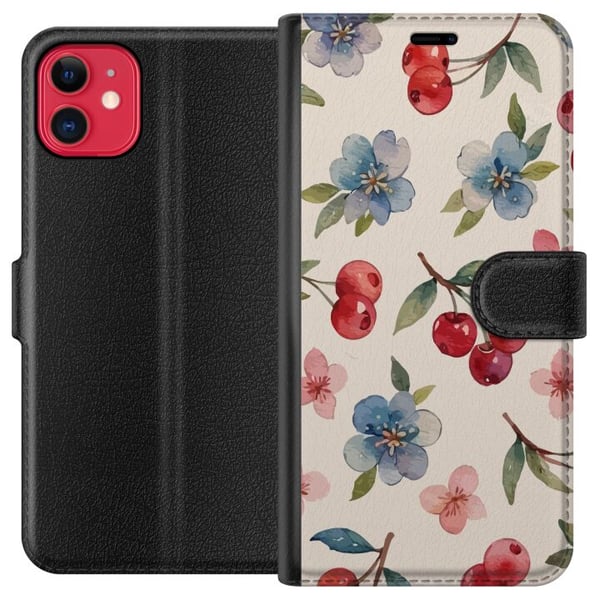 Kompatibel Tegnebogsetui til Apple iPhone 11 Bær & Blomster - mønster med blå blomster og skovbær Kompatibel Tegnebogsetui til Apple iPhone 11 Bær & Blomster - mønster med blå blomster og skovbær