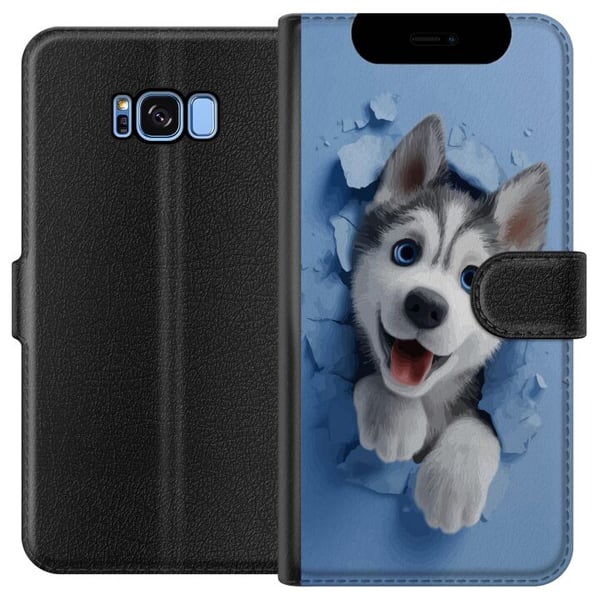 Kompatibelt Plånboksfodral till Samsung Galaxy S8 Söt huskyvalp med stora blå ögon tittar fram genom sönderbruten vägg i mjuk 3D-stil vilket skapar g Kompatibelt Plånboksfodral till Samsung Galaxy S8 Söt huskyvalp med stora blå ögon tittar fram genom sönderbruten vägg i mjuk 3D-stil vilket skapar g