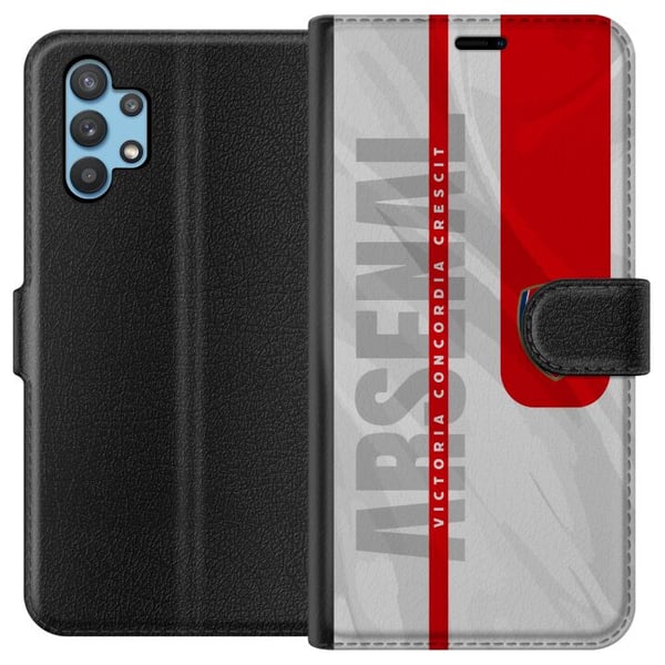 Kompatibelt Plånboksfodral till Samsung Galaxy A32 5G Arsenal FC crest fotboll klubb poster Gunners Premier League logo röd vit bakgrund retro design
