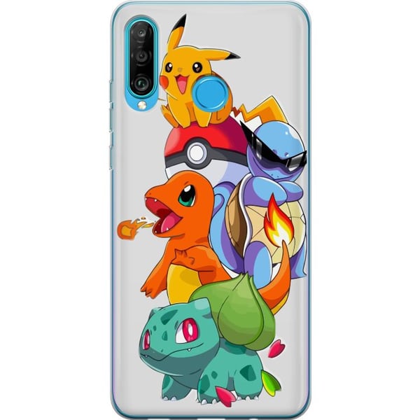 Kompatibelt Mobilskal till Huawei P30 lite Pokémon Pikachu Charmander Squirtle Bulbasaur – färgglad Pokémon stack illustration med fyra populära figu