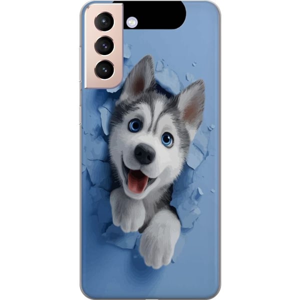 Yhteensopiva Puhelinkuori Samsung Galaxy S21 Suloinen huskynpentu kurkistaa rikkinäisen seinän läpi suuret siniset silmät loistaen pehmeässä 3D-tyyli