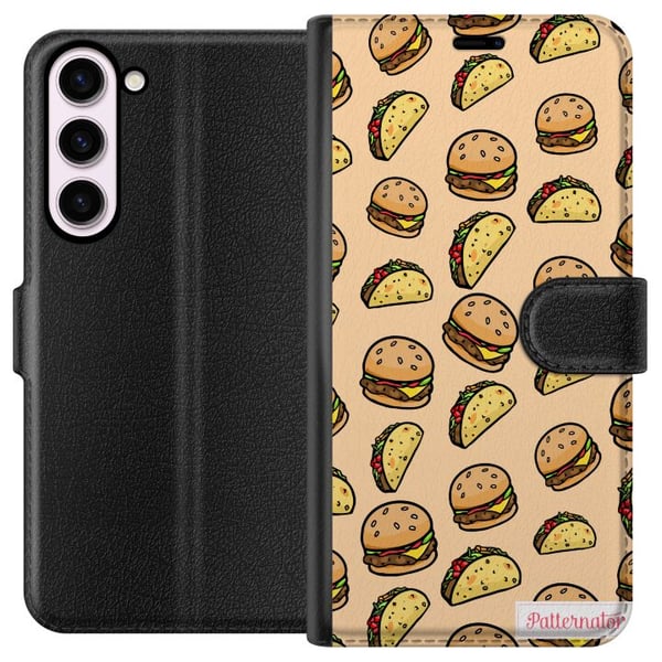 Kompatibel Tegnebogsetui til Samsung Galaxy S23+ Farverigt cartoon-design med hamburgere, tacos, smeltet ost, salat, sprøde skaller og sjove figurer, Kompatibel Tegnebogsetui til Samsung Galaxy S23+ Farverigt cartoon-design med hamburgere, tacos, smeltet ost, salat, sprøde skaller og sjove figurer,