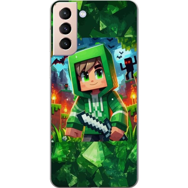 Kompatibel Mobilcover til Samsung Galaxy S21 Minecraft-gamerdreng i grøn hættetrøje – tegnet Minecraft-dreng med sværd, pixels og eventyrtema