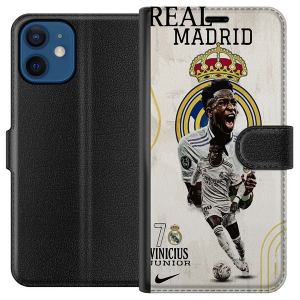 Kompatibel Tegnebogsetui til Apple iPhone 12 Real Madrid Vinícius Júnior med angriber i nummer 7-trøje klublogo hvid spilledragt energisk positur og