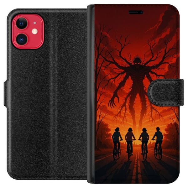 Kompatibel Tegnebogsetui til Apple iPhone 11 Mørk Stranger Things-inspireret horrorillustration med rød himmel, truende monster og cyklende børn i dr Kompatibel Tegnebogsetui til Apple iPhone 11 Mørk Stranger Things-inspireret horrorillustration med rød himmel, truende monster og cyklende børn i dr