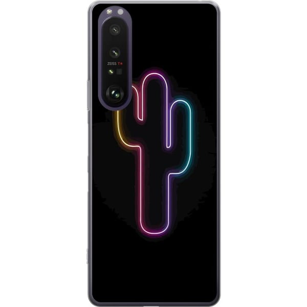 Kompatibel Mobilcover til Sony Xperia 1 III Neonillustration af en kaktus i pinkt og blåt lys mod mørk baggrund i moderne popæstetik