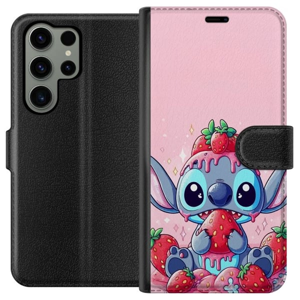 Kompatibel Tegnebogsetui til Samsung Galaxy S23 Ultra Stitch Strawberry Love – sødt motiv med blå figur og jordbær i lyserødt pasteltema Kompatibel Tegnebogsetui til Samsung Galaxy S23 Ultra Stitch Strawberry Love – sødt motiv med blå figur og jordbær i lyserødt pasteltema