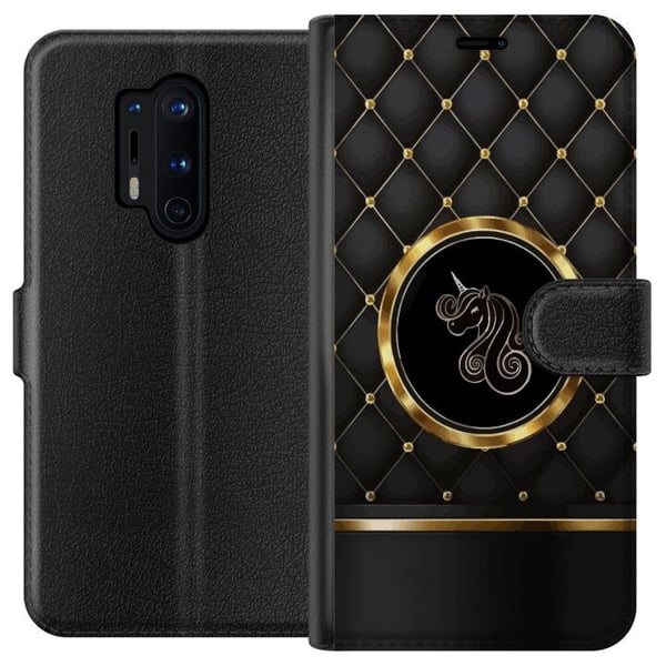 Kompatibel Tegnebogsetui til OnePlus 8 Pro Emblem med enhjørning i sort og gylden kontrast