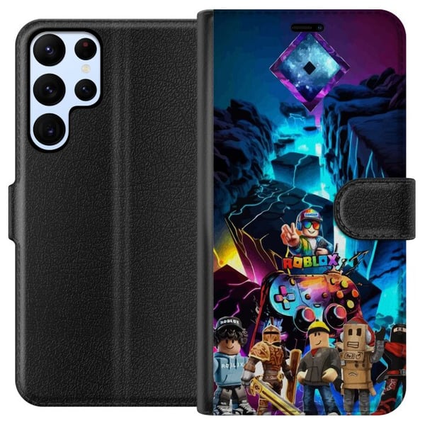 Yhteensopiva Lompakkokotelo Samsung Galaxy S22 Ultra 5G Roblox-futuristinen neonmaailma, jossa on peliohjaimia, hahmoja ja valotehosteita – täydellin