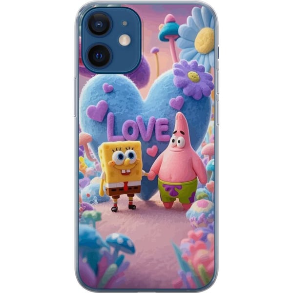Kompatibel Mobilcover til Apple iPhone 12 SvampeBob og Patrick kærlighed farverig pastelverden med hjerter blomster og venskab i ægte glædesstil