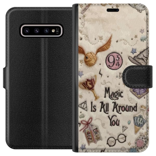 Kompatibelt Lommeboketui til Samsung Galaxy S10+ Brodert magisk illustrasjon med symboler, sitater og fantasiverden i drømmende eventyrstil