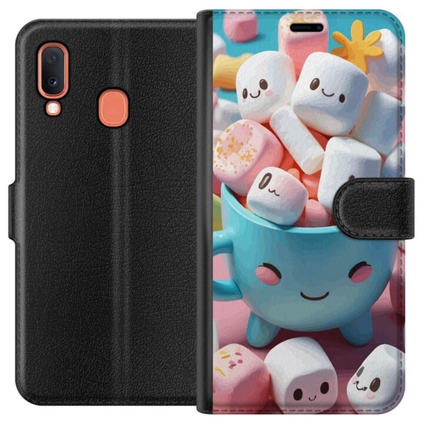 Yhteensopiva Lompakkokotelo Samsung Galaxy A20e Kawaii marshmallow smile kawaii-design, jossa on suloisia hahmoja kupissa, värikäs ja iloinen tyyli
