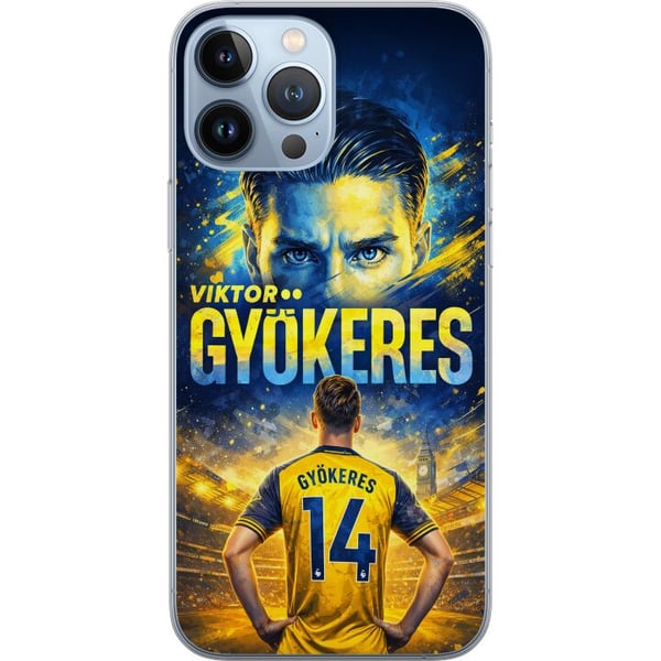 Kompatibelt Mobildeksel til Apple iPhone 13 Pro Max Fotballplakat av Viktor Gyökeres i gulblå fargeskala med dramatisk stadionbakgrunn, sportsillustr