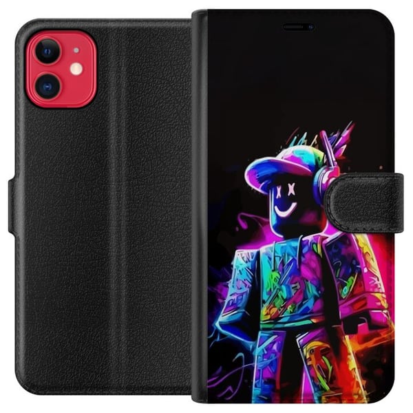 Kompatibelt Plånboksfodral till Apple iPhone 11 Roblox Neon Player Färgstark Robloxfigur i neonfärger mot svart bakgrund i modern gamingstil