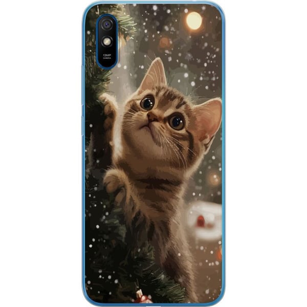 Kompatibelt Mobilskal till Xiaomi Redmi 9A Katt som klättrar i julgran med snöfall mysig vinterdesign perfekt för katt och julälskare