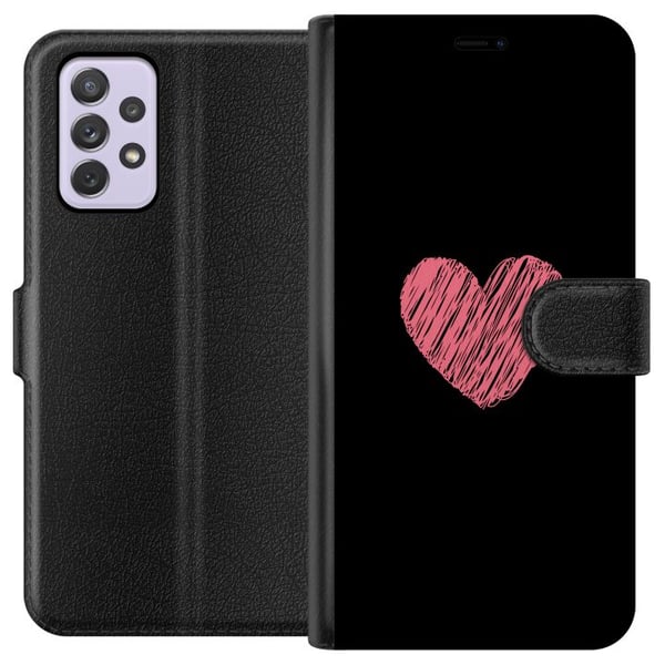 Kompatibelt Lommeboketui til Samsung Galaxy A52s 5G Håndtegnet rosa hjerte på svart minimalistisk bakgrunn