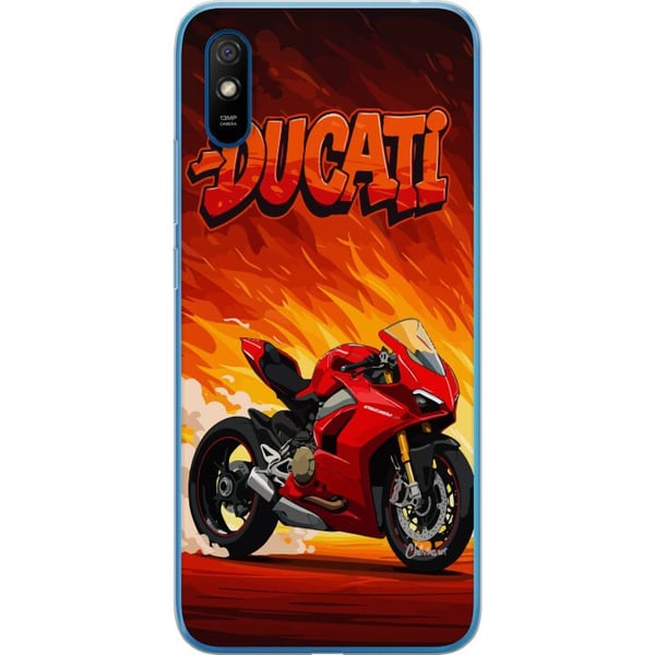Kompatibel Mobilcover til Xiaomi Redmi 9A Ducati rød sportsmotorcykel mod en brændende baggrund fartfyldt motiv for motorentusiaster