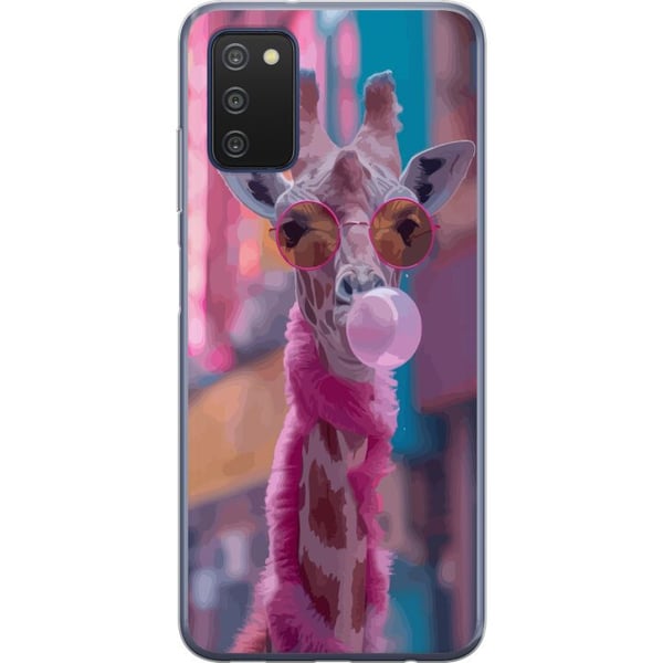 Yhteensopiva Puhelinkuori Samsung Galaxy A03s Purukumia pureskeleva kirahvi, hauska ja värikäs poptaidetyylinen design kaupunkiympäristössä, täynnä l
