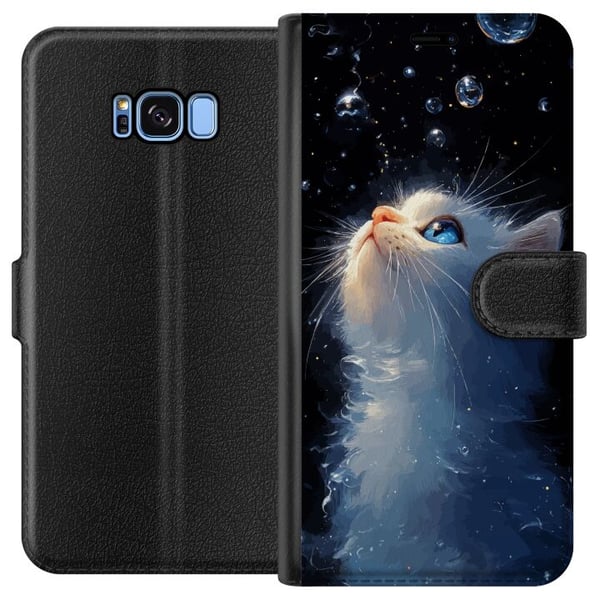 Kompatibelt Plånboksfodral till Samsung Galaxy S8 Dreamy Starry Cat med vit katt som tittar mot stjärnorna ett drömskt och magiskt motiv för kattälsk