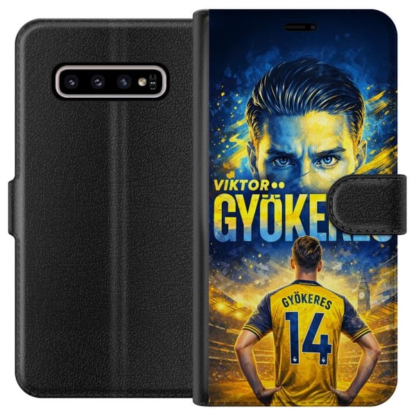 Kompatibel Tegnebogsetui til Samsung Galaxy S10+ Fodboldplakat af Viktor Gyökeres i gul-blå farveskala med dramatisk stadionbaggrund, sportsillustrat