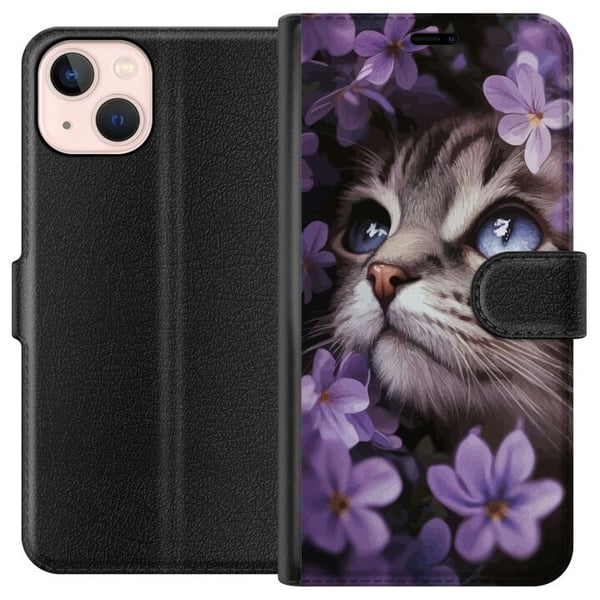 Kompatibelt Lommeboketui til Apple iPhone 13 mini Katt og blomster Kompatibelt Lommeboketui til Apple iPhone 13 mini Katt og blomster