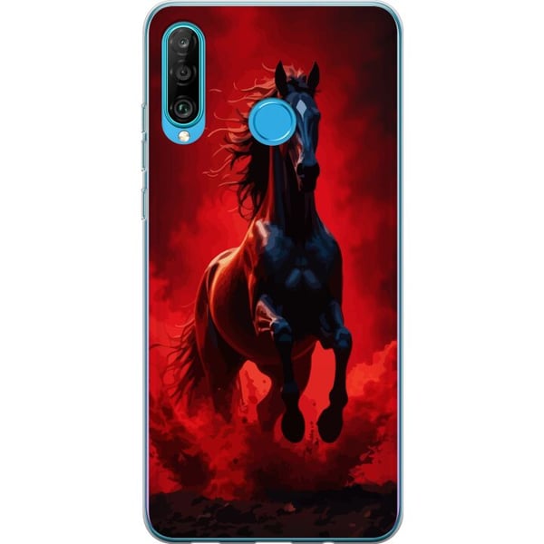 Kompatibelt Mobilskal till Huawei P30 lite Kraftfull svart häst i röda moln och damm med dramatisk belysning
