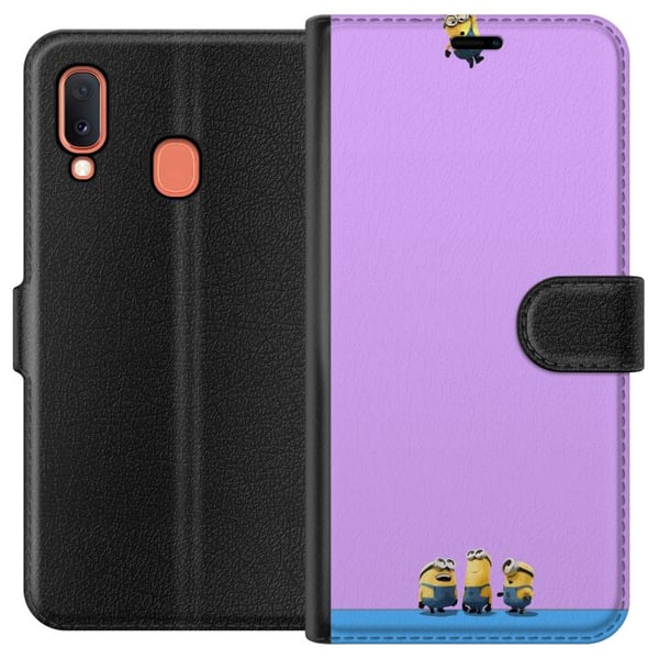 Kompatibelt Plånboksfodral till Samsung Galaxy A20e Minions illustration med lila och blå bakgrund humoristiskt filmtema för fans av roliga karaktäre Kompatibelt Plånboksfodral till Samsung Galaxy A20e Minions illustration med lila och blå bakgrund humoristiskt filmtema för fans av roliga karaktäre