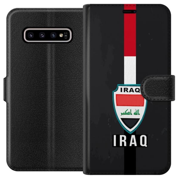Kompatibel Tegnebogsetui til Samsung Galaxy S10+ Iraks flag med emblem i rødt, hvidt og sort – et kraftfuldt design, der udtrykker historie og stolth