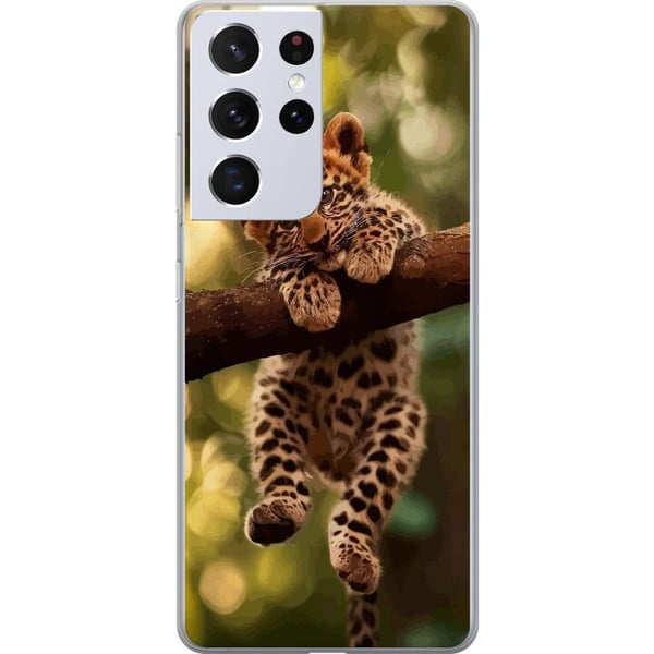 Kompatibelt Mobildeksel til Samsung Galaxy S21 Ultra 5G Leopardunge på gren med store øyne naturinspirert jungelmotiv detaljrikt og sjarmerende i var