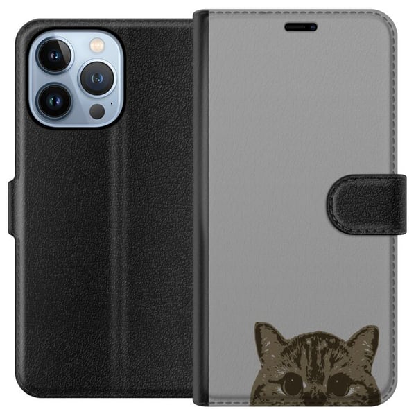 Yhteensopiva Lompakkokotelo Apple iPhone 13 Pro Harmaa kissan katse - tyylikäs kissa suunnittelu harmaalla taustalla
