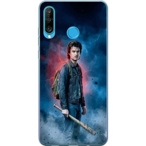 Kompatibel Mobilcover til Huawei P30 lite Stranger Things-portræt med baseballbat, lyn og dramatisk baggrund
