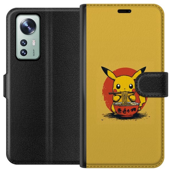 Yhteensopiva Lompakkokotelo Xiaomi 12 Pikachu syömässä ramenia japanilaisessa animen inspiroimassa tyylissä keltaista taustaa vasten, hauska moderni