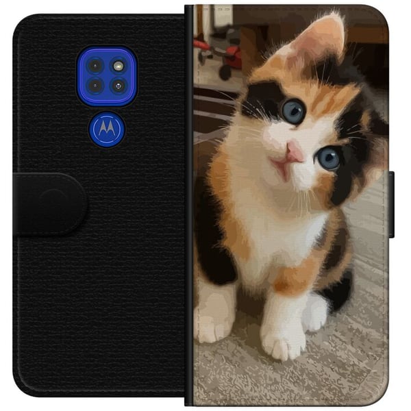 Kompatibel Tegnebogsetui til Motorola Moto G9 Play Trefarvet killing med blå øjne, sødt indendørsmiljø og charmerende udtryk, perfekt til alle, der k