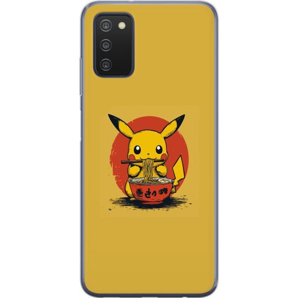 Kompatibelt Mobildeksel til Samsung Galaxy A03s Pikachu som spiser ramen i japansk animeinspirert stil mot gul bakgrunn, et morsomt moderne motiv for