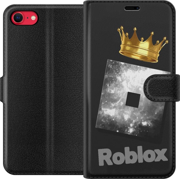 Yhteensopiva Lompakkokotelo Apple iPhone SE (2022) Minimalistinen Roblox-symboli mustana ja hopeisena, kultaisella kruunulla ja ylellisellä pelaajaes