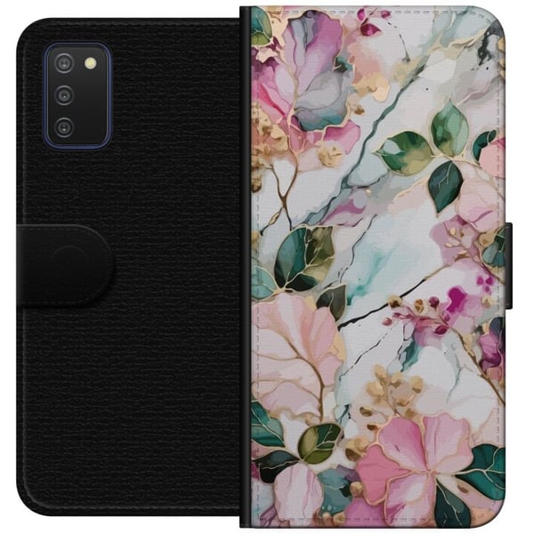 Kompatibelt Lommeboketui til Samsung Galaxy A03s Pastellmarmor med blomster, blader og subtile gylne detaljer i en myk komposisjon