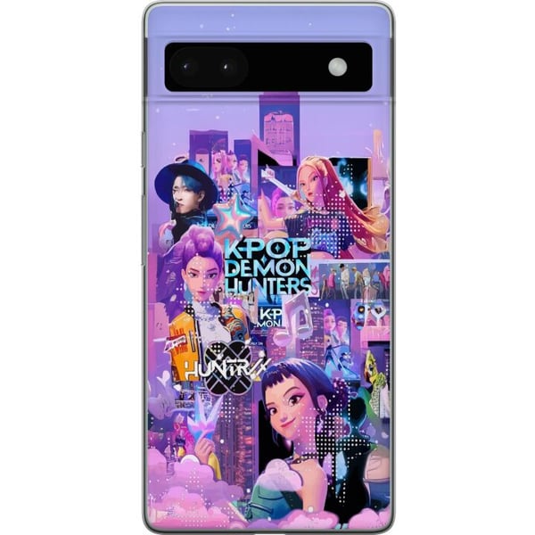 Yhteensopiva Puhelinkuori Google Pixel 6a KPop Demon Hunters -syntymäpäiväaihe, jossa KPop-hahmot ovat neonvaloissa ja värikkäässä juhlateemassa
