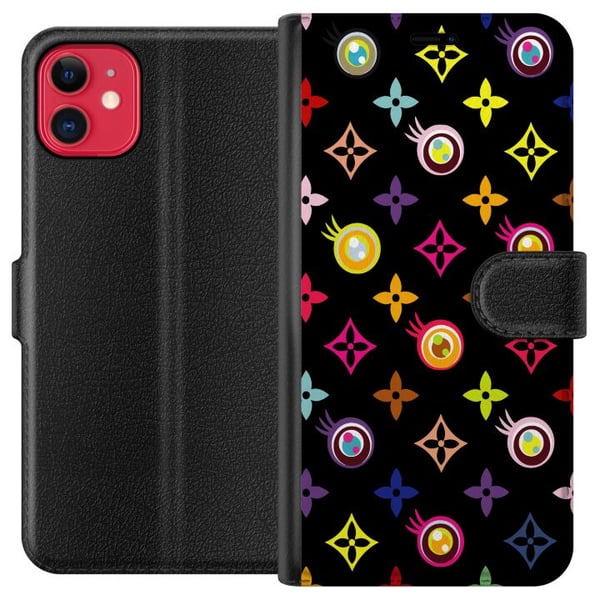 Kompatibelt Plånboksfodral till Apple iPhone 11 Färgstarkt mönster med geometriska symboler och ögon på svart bakgrund pop art design Kompatibelt Plånboksfodral till Apple iPhone 11 Färgstarkt mönster med geometriska symboler och ögon på svart bakgrund pop art design